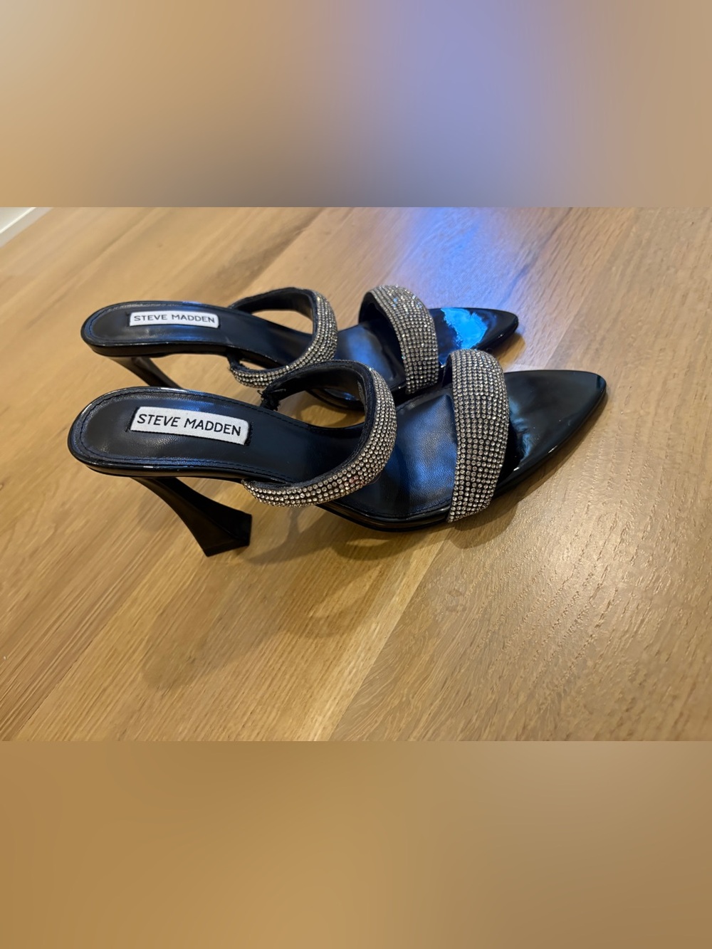 Steve Madden Black Slide Sandals with Silver Crystal Straps
